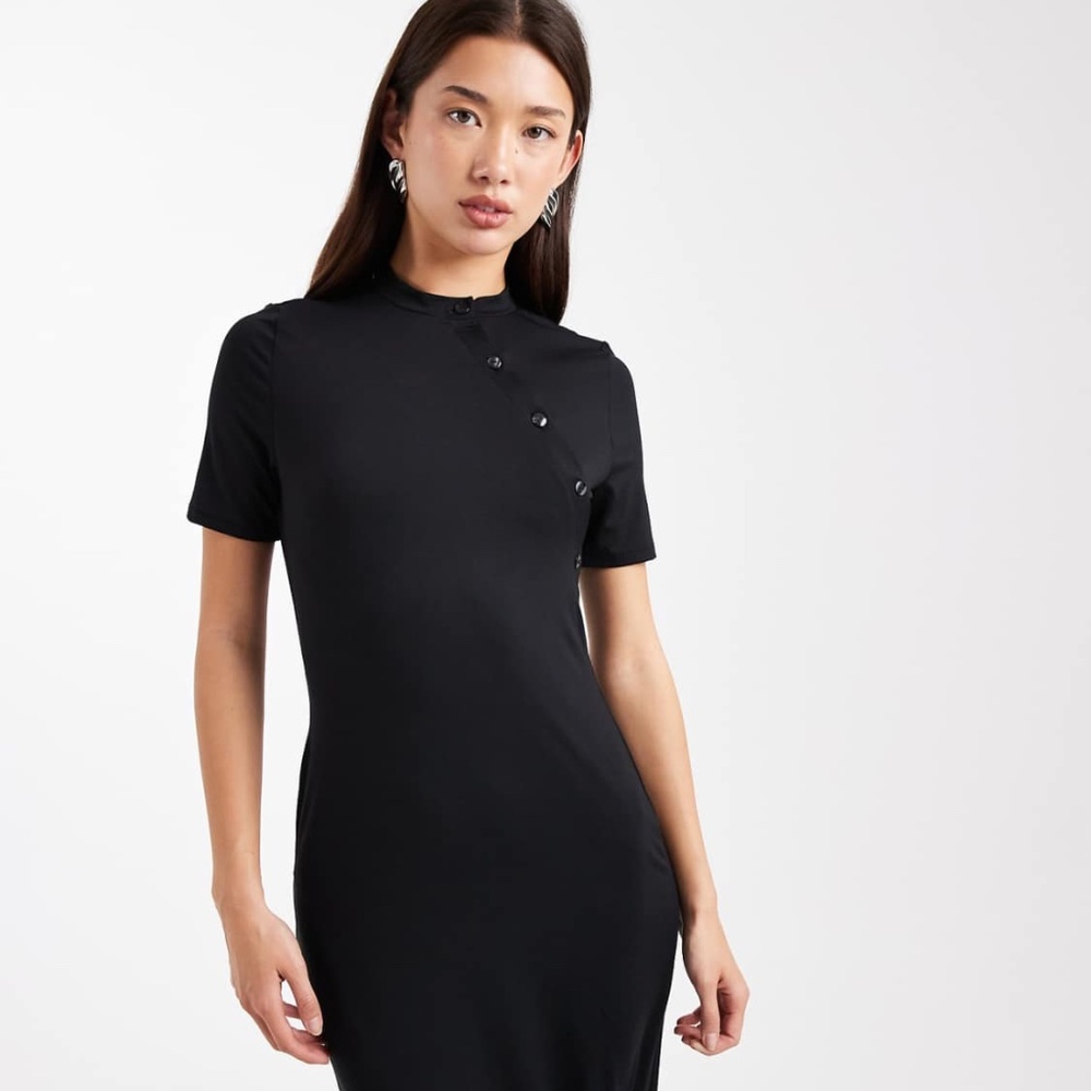 ASOS DESIGN short sleeve asymmetric button up midi dress in black, Small